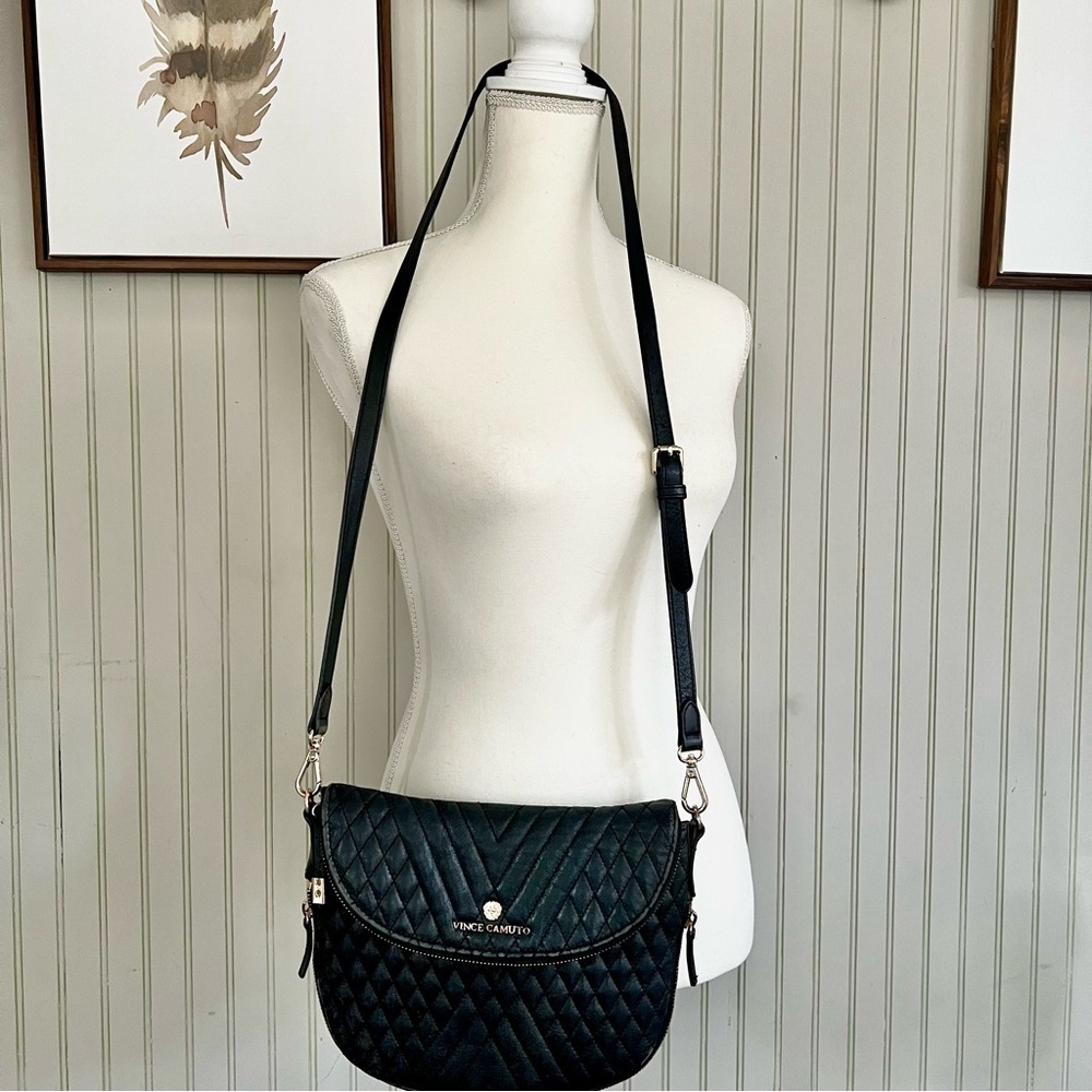 Vince Camuto Black Quilted Leather Foldover Crossbody Bag